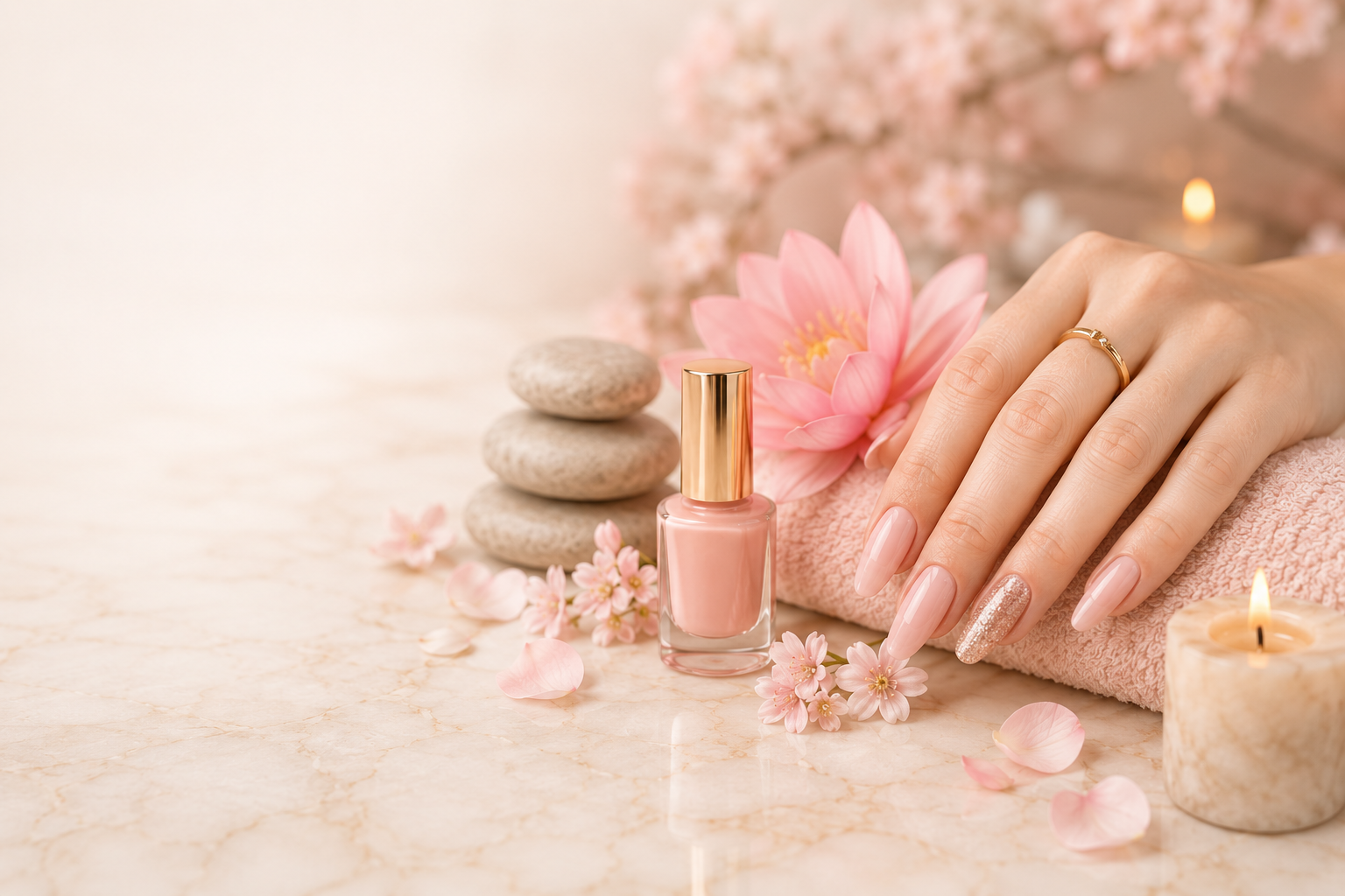 Beautiful manicured nails with pink flowers